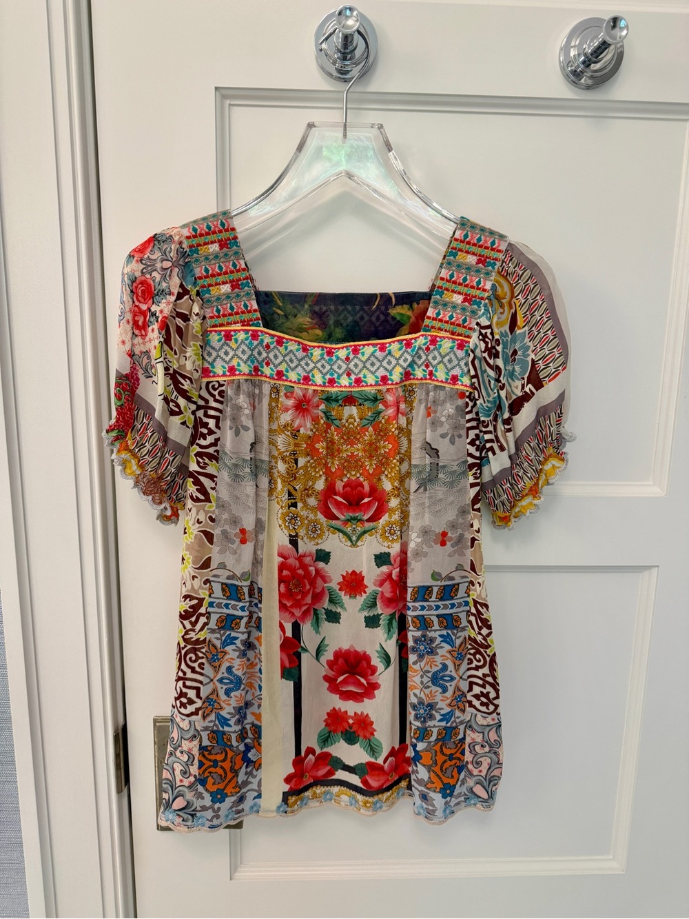 Johnny Was Pansy Multi-Color Embroidered Floral Square-Neck Blouse, Small